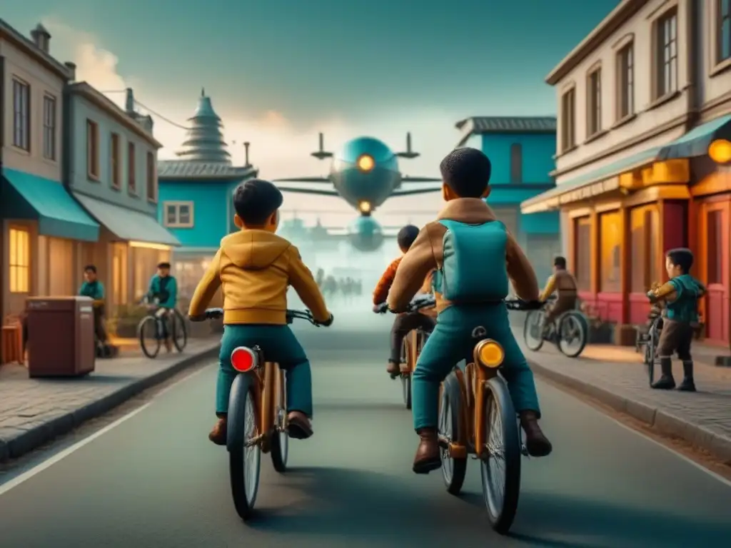 Un grupo de niños en bicicletas retro recorriendo un pueblo con toques futuristas, fusionando nostalgia con ciencia ficción