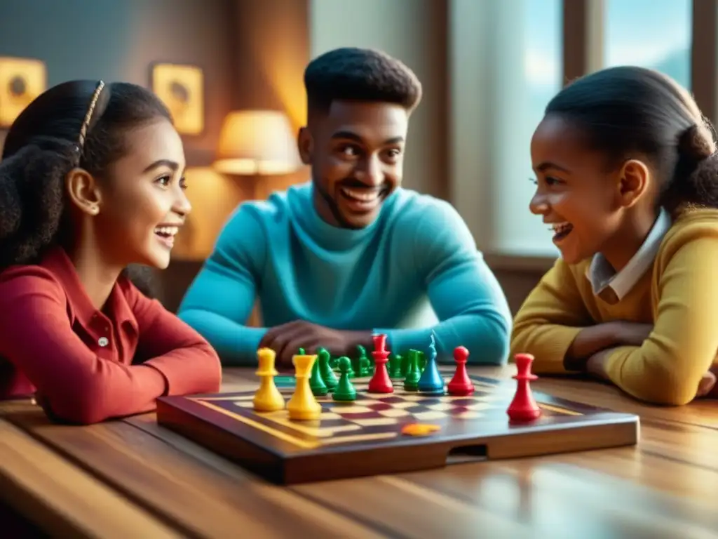 Un grupo de niños diversos concentrados y alegres jugando un colorido juego de mesa en una escena educativa y envolvente