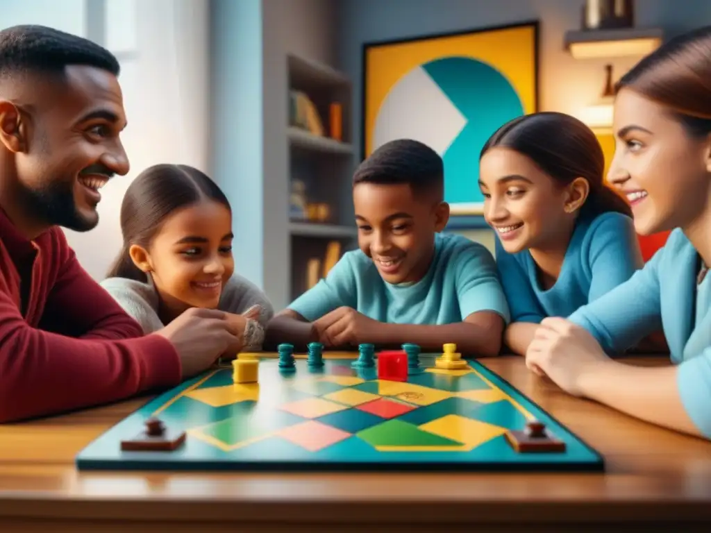 Un grupo de niños con TDAH concentrados y animados jugando un juego de mesa educativo en una habitación acogedora y luminosa