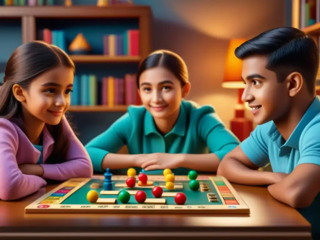 Un grupo de niños concentrados y emocionados jugando un divertido juego de mesa educativo de matemáticas en una acogedora sala iluminada