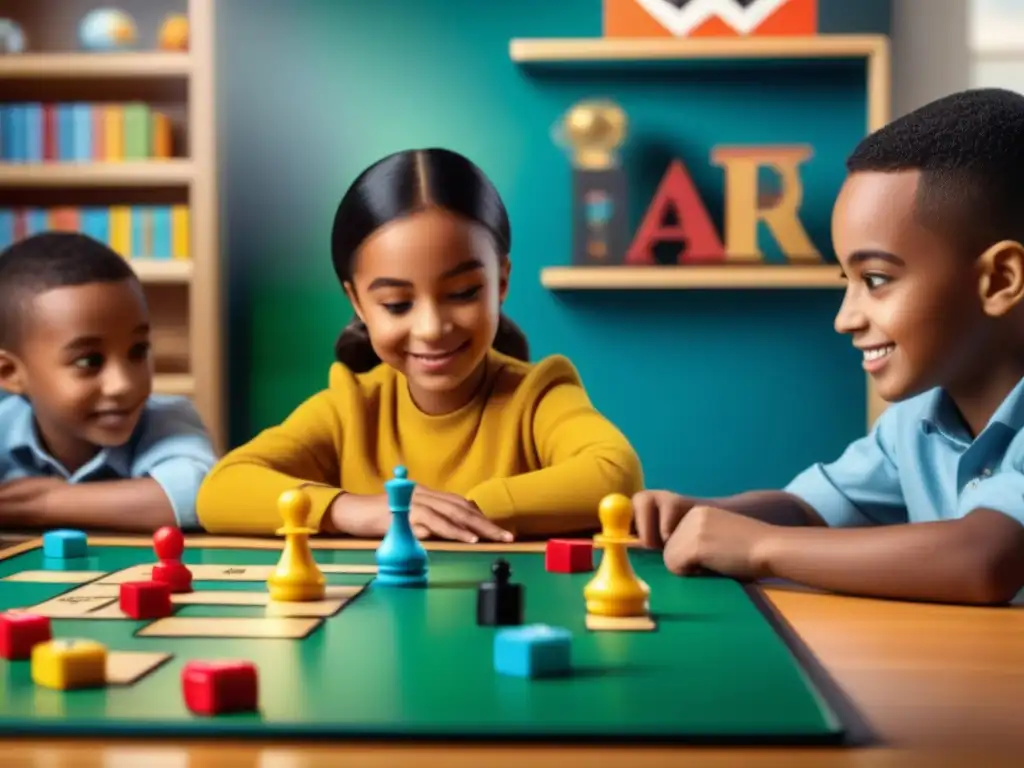 Grupo de niños diversos concentrados y emocionados jugando juegos de mesa educativos de matemáticas en un ambiente vibrante y educativo