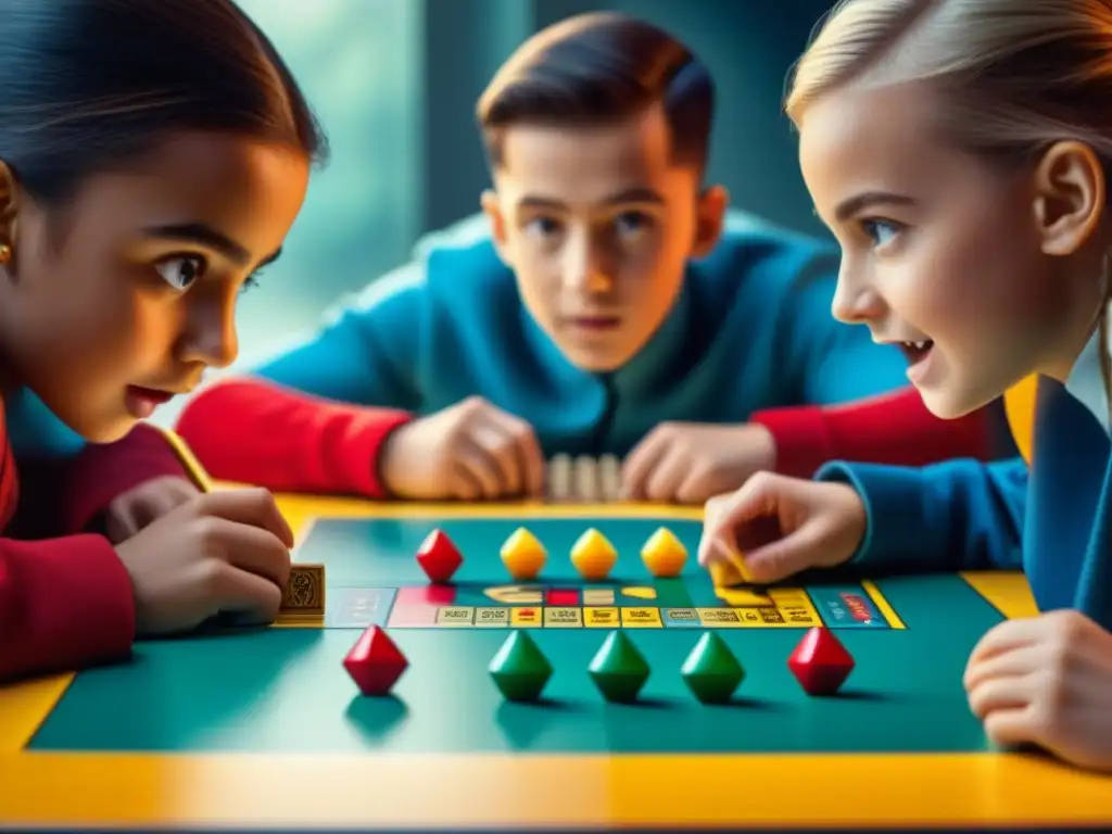 Un grupo de niños concentrados y felices jugando un colorido juego de mesa para aprender conceptos matemáticos