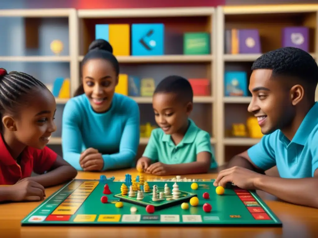 Un grupo de niños concentrados y felices jugando juegos de mesa educativos en un ambiente vibrante y estimulante