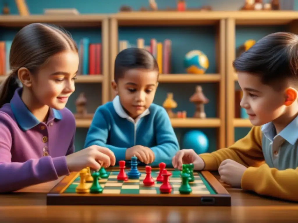 Un grupo de niños concentrados y felices jugando un colorido juego de mesa, en un ambiente enriquecedor para su desarrollo cognitivo