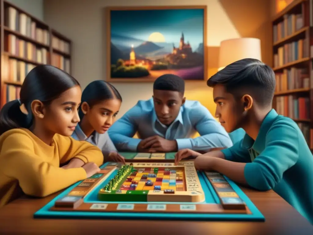 Juego educativo: niños concentrados y entusiasmados Un grupo de niños concentrados en juegos de mesa educativos para niños, iluminados por una lámpara cálida