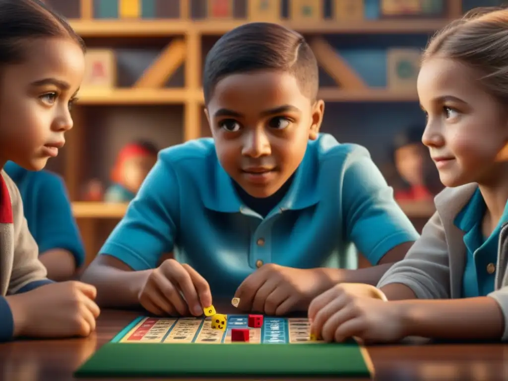 Un grupo de niños concentrados jugando a juegos de mesa para TDAH en un entorno educativo y colorido