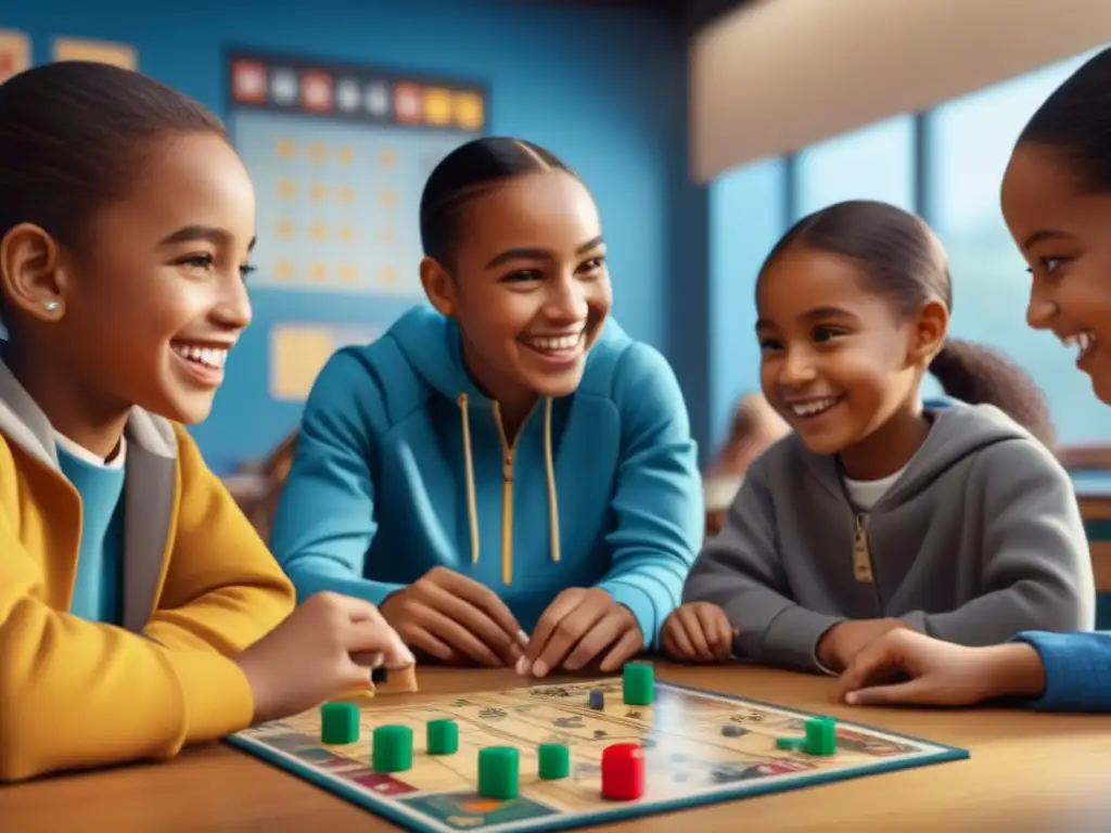 Un grupo de niños diversos disfruta de juegos de mesa cooperativos en un aula acogedora