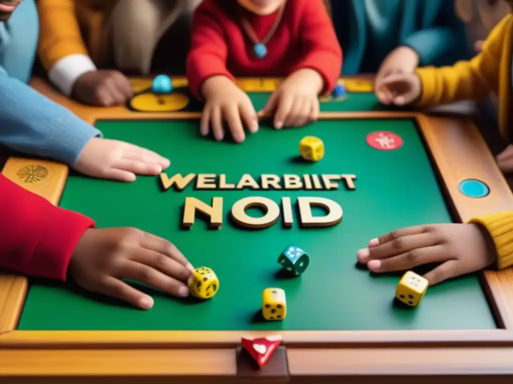 Emocionante juego de mesa upcycled: niños concentrados y felices Un grupo de niños diversos disfruta de juegos de mesa usados reutilizados en una escena nostálgica y educativa