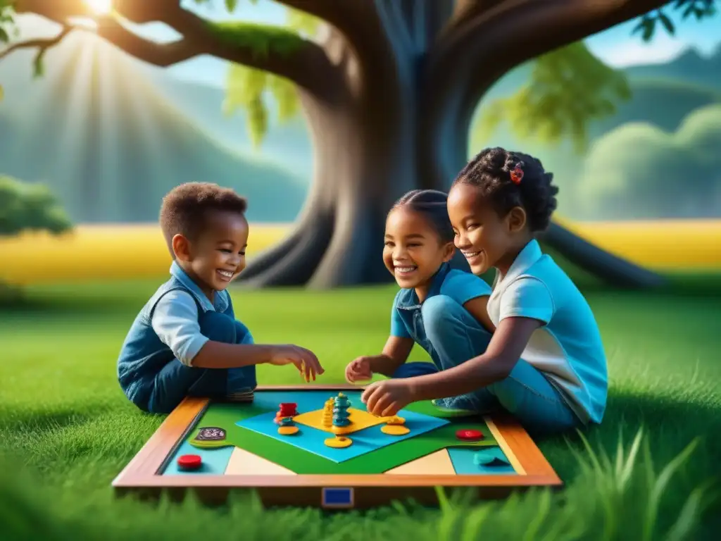 Un grupo de niños diversos sonríe y juega con un colorido juego de mesa ecológico en un campo verde