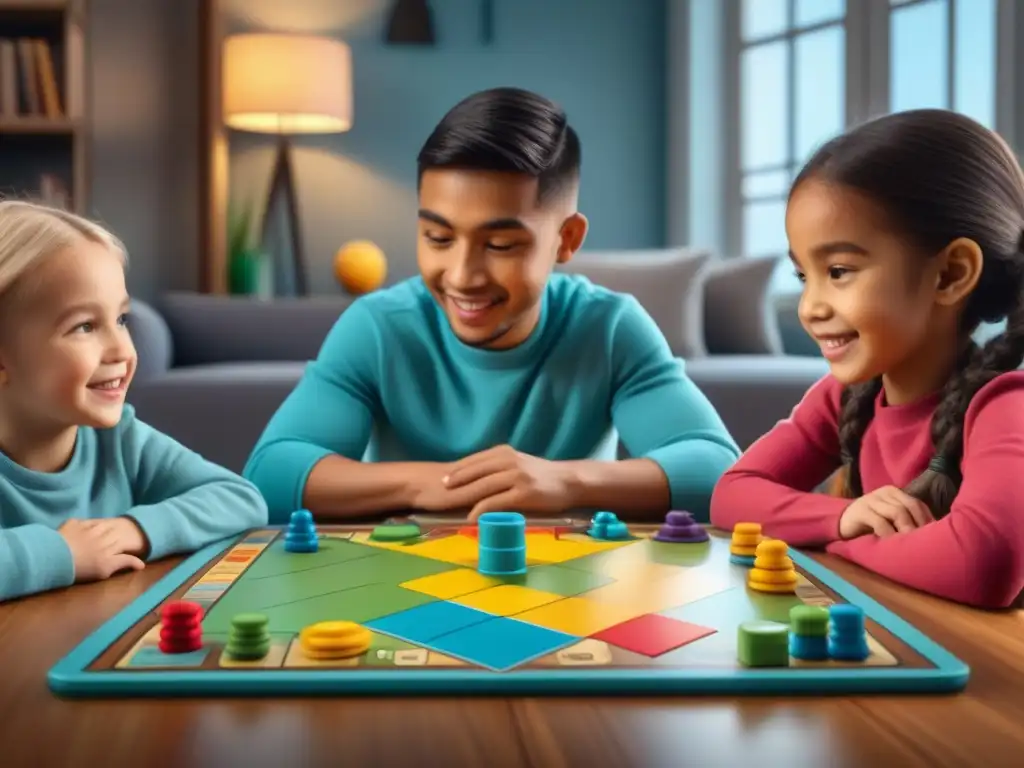 Un grupo de niños diversos se divierten jugando un colorido juego de mesa