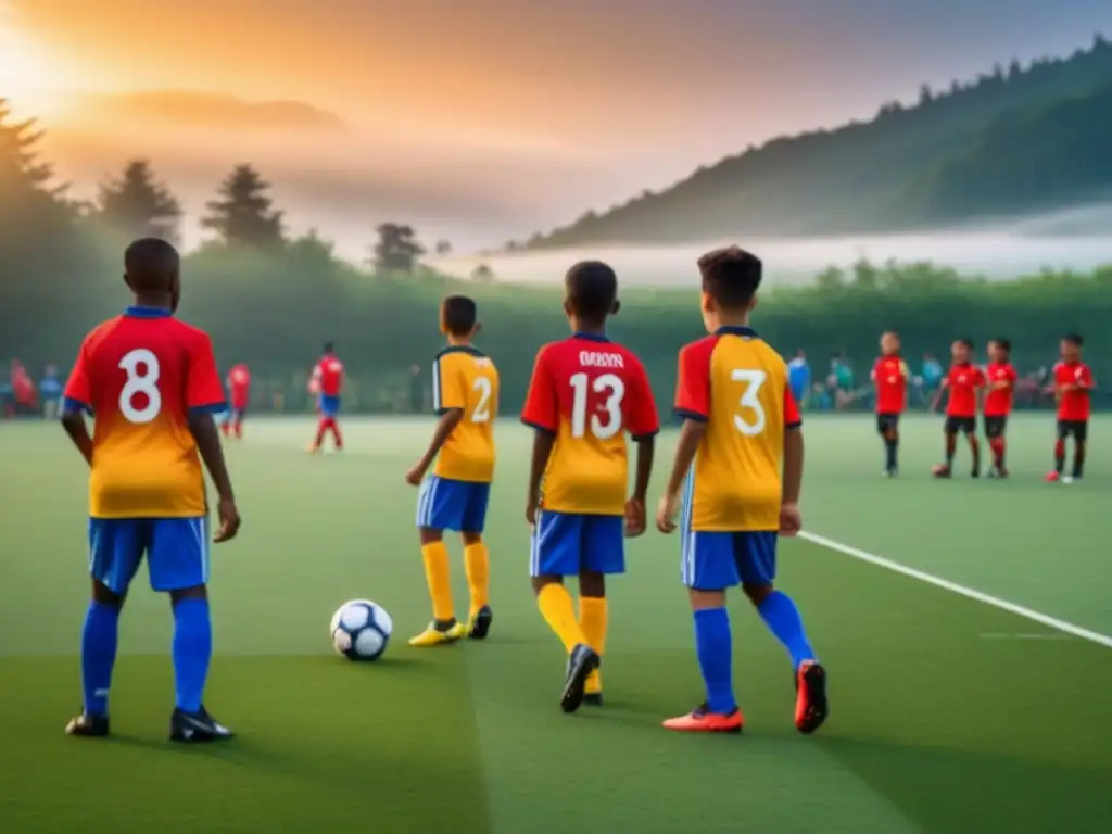 Un grupo de niños diversos de todo el mundo disfrutan de un juego amistoso de fútbol en un campamento de verano, irradiando alegría y camaradería bajo la cálida luz dorada del atardecer, representando la unidad y amistad a través de diferentes países