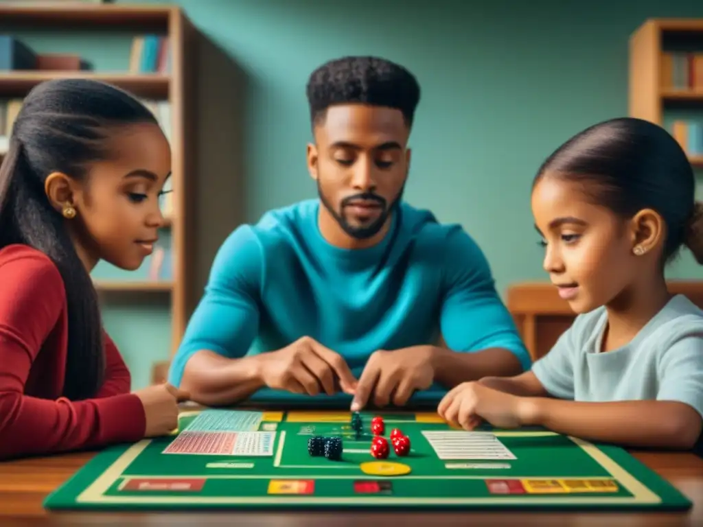 Un grupo de niños diversos disfruta aprendiendo sobre economía con juegos de mesa en una habitación educativa y acogedora