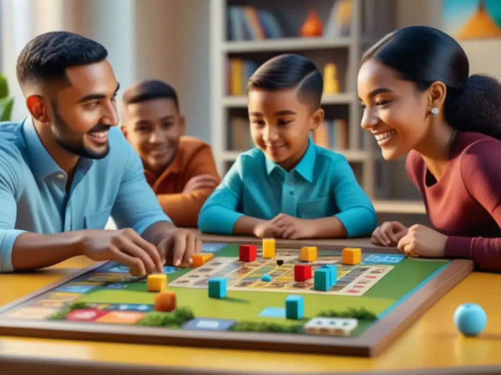 Grupo de niños de diferentes edades y etnias disfrutando de juegos de mesa educativos en un ambiente cálido y acogedor