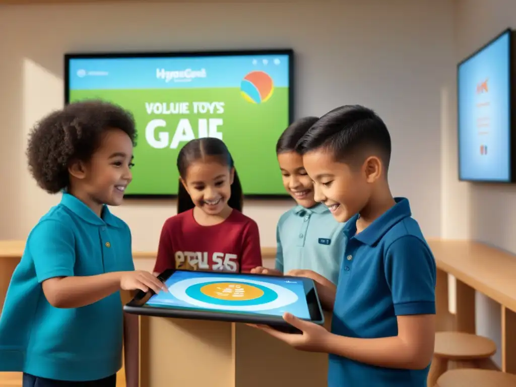 Un grupo de niños de diversas edades y etnias juegan con entusiasmo a un juego educativo interactivo en una tableta, en un aula luminosa y acogedora