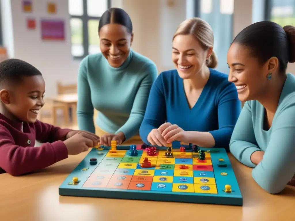 Un grupo de niños de diferentes edades y habilidades disfrutan de un juego de mesa inclusivo en un aula brillante y diversa