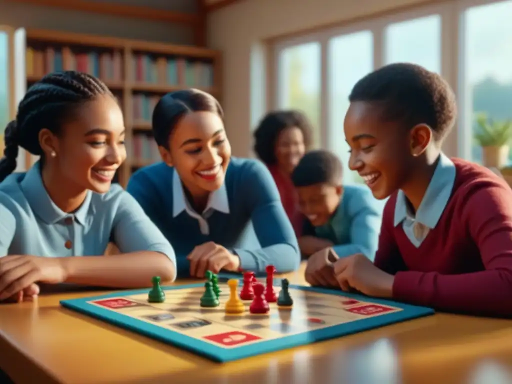 Un grupo de niños de diversas edades y orígenes juegan un colorido y educativo juego de mesa juntos en un aula iluminada por el sol