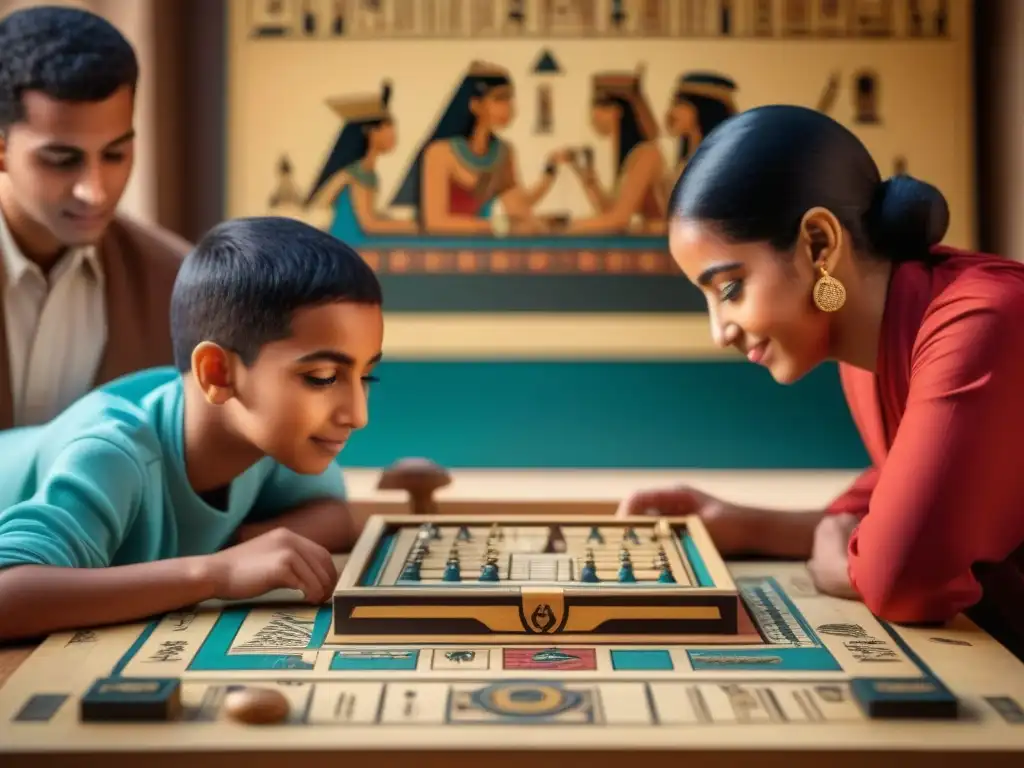 Un grupo de niños egipcios juega emocionado al Senet, antiguo juego de tablero