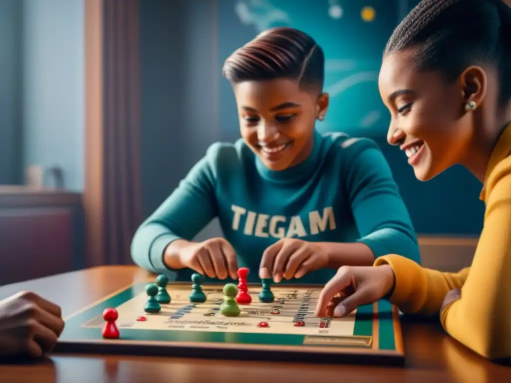 Un grupo de niños diversos juega emocionado un juego de mesa educativo en un aula soleada y vibrante