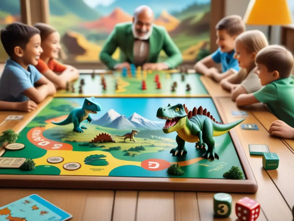 Un grupo de niños juega emocionado 'Dino Race juegos de mesa' en un ambiente educativo y divertido con temática de dinosaurios