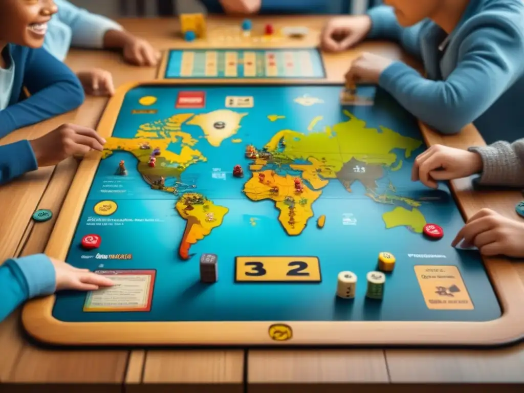 Un grupo de niños diversos juega emocionado 'Pandemic Junior' en una habitación llena de juegos de mesa cooperativos Pandemic