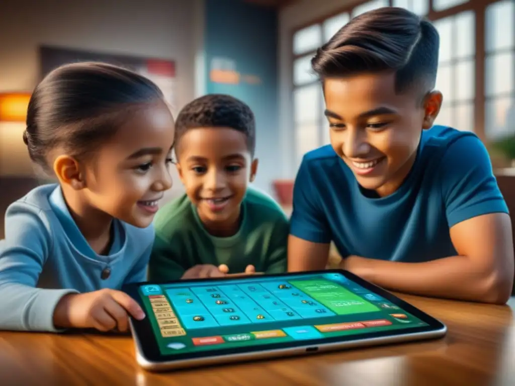 Un grupo de niños emocionados jugando una app educativa de mesa, fusionando diversión y aprendizaje