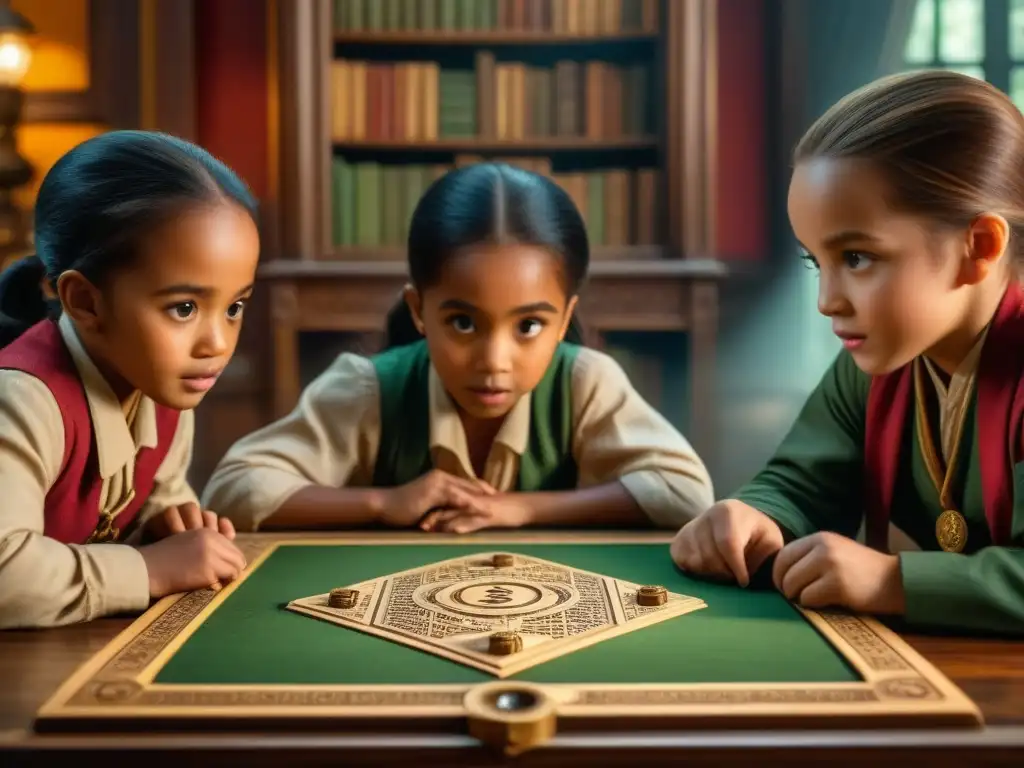 Un grupo de niños juegan emocionados al juego de mesa Jumanji en una habitación misteriosa llena de historia y magia