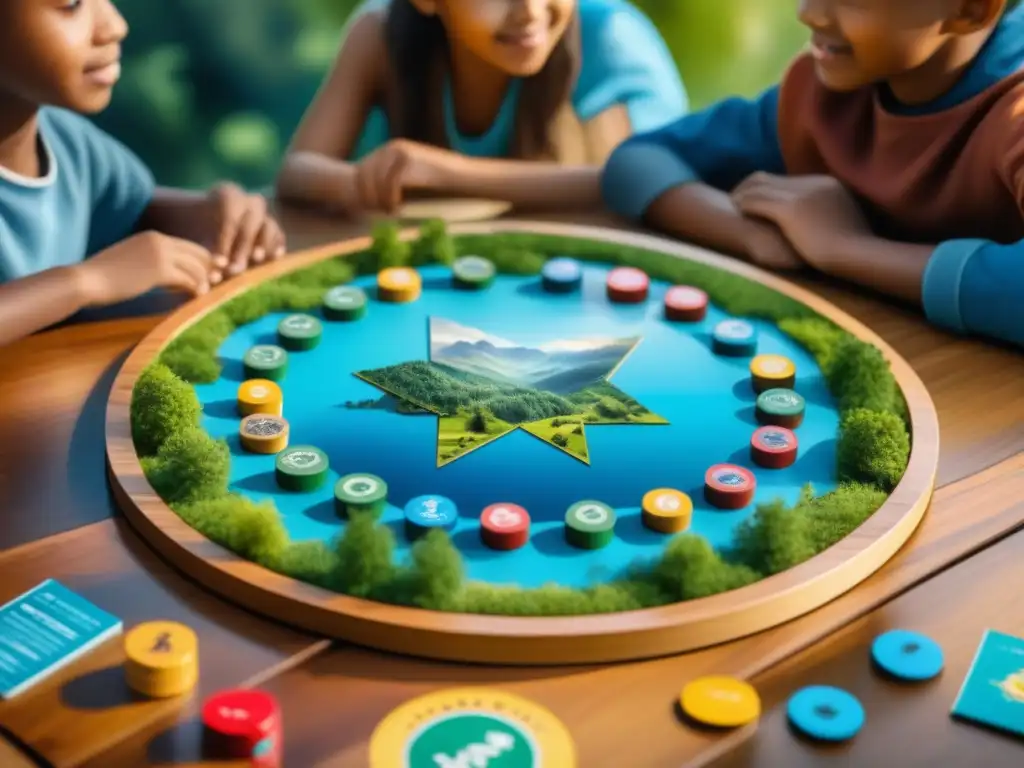 Un grupo de niños juega un emocionante juego de mesa ecológico al aire libre, promoviendo la sostenibilidad y diversión