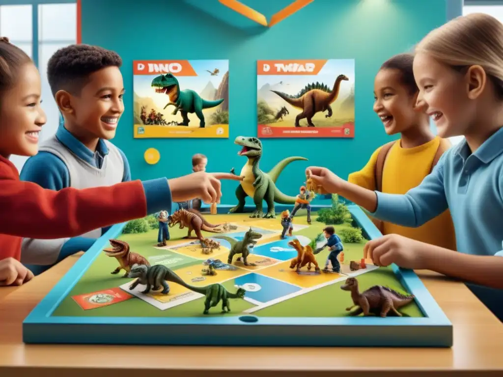 Grupo de niños entusiasmados jugando Dino Race juegos de mesa en un aula decorada con dinosaurios y pósters educativos