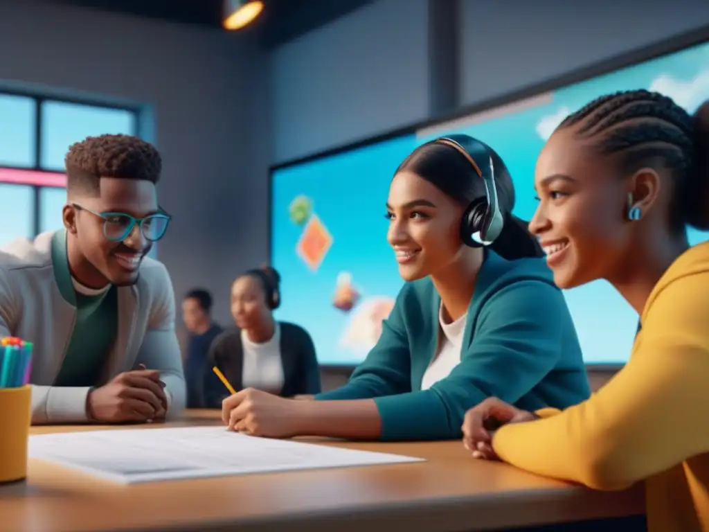 Jóvenes diseñadores crean juego imaginativo en aula moderna Un grupo de niños colabora con entusiasmo en el diseño de juegos infantiles, rodeados de herramientas creativas en un aula moderna y colorida