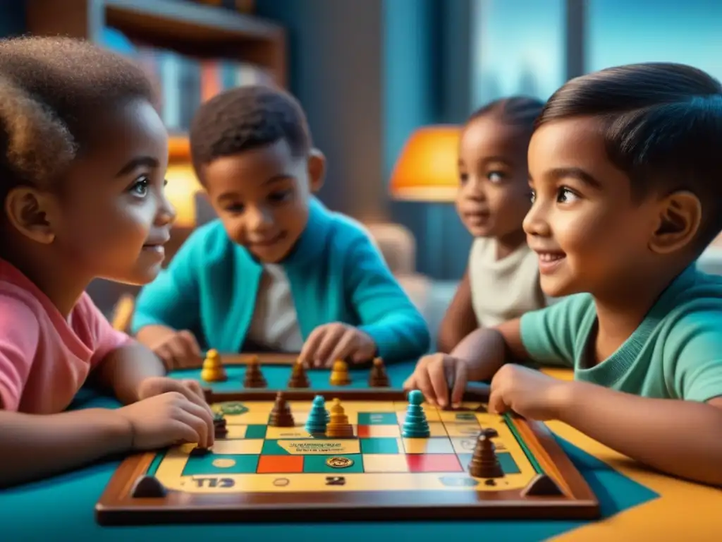 Un grupo de niños diversos juega con entusiasmo un juego de mesa espacial, concentrados y emocionados, fomentando habilidades sociales y estratégicas