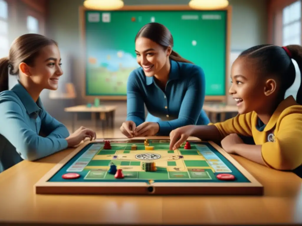 Grupo de niños escolares disfrutando de un juego de mesa educativo en un aula bien iluminada