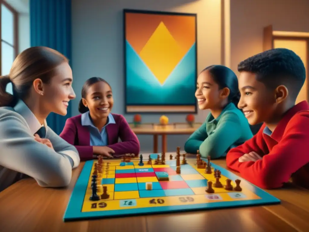 Grupo de niños escolares disfrutando de juegos de mesa educativos matemáticos en aula vibrante