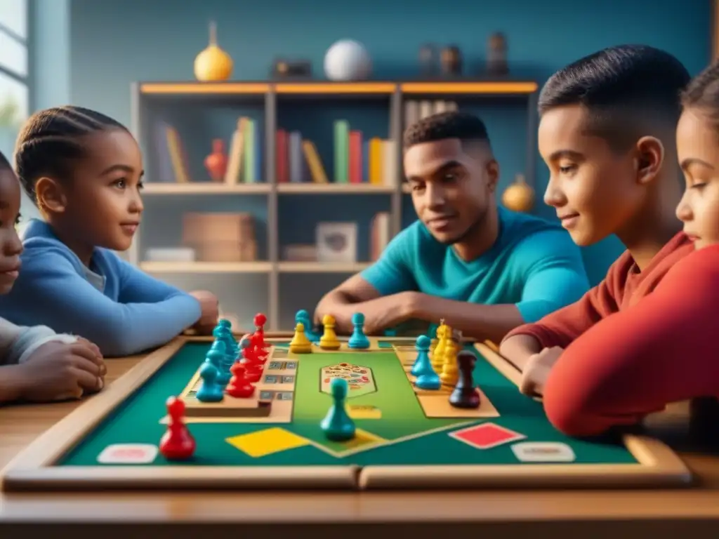 Grupo de niños de diversas etnias concentrados y emocionados jugando un juego de mesa, en un aula acogedora