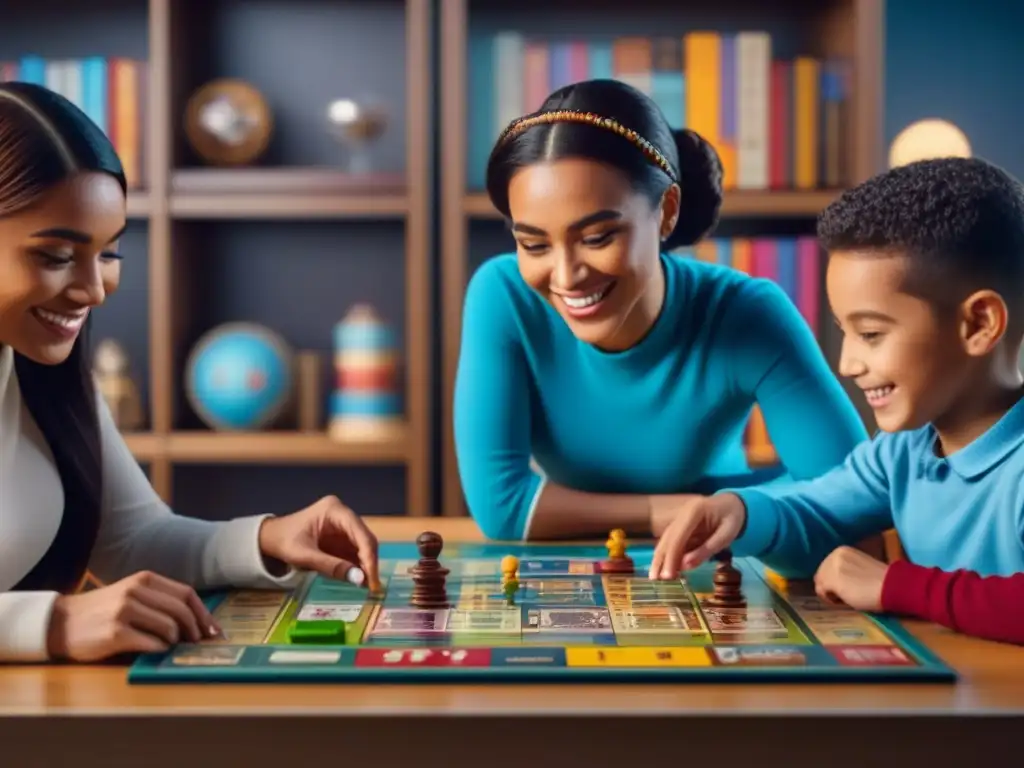 Grupo de niños de diversas etnias y géneros disfrutando de un juego de mesa educativo y colorido