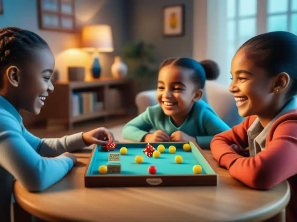 Grupo de niños felices jugando los mejores juegos de mesa en sala acogedora