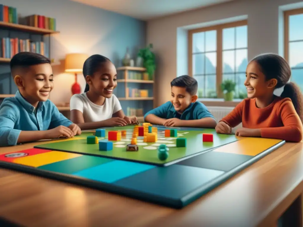 Juego educativo: niños de diversas culturas aprenden juntos Grupo de niños diversos disfrutan de un juego educativo, fomentando el trabajo en equipo y aprendizaje creativo