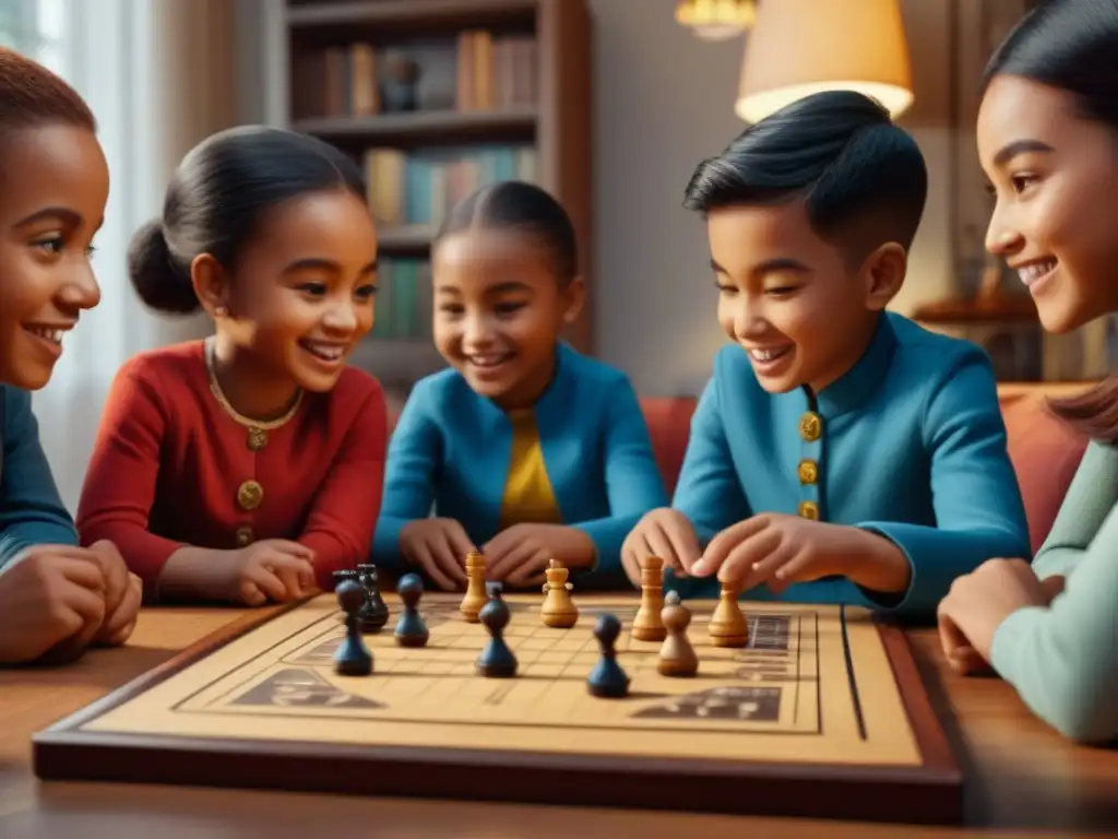 Un grupo de niños diversos juega un juego de mesa tradicional en una acogedora sala llena de juegos educativos, resaltando la importancia de la cultura y las tradiciones compartidas