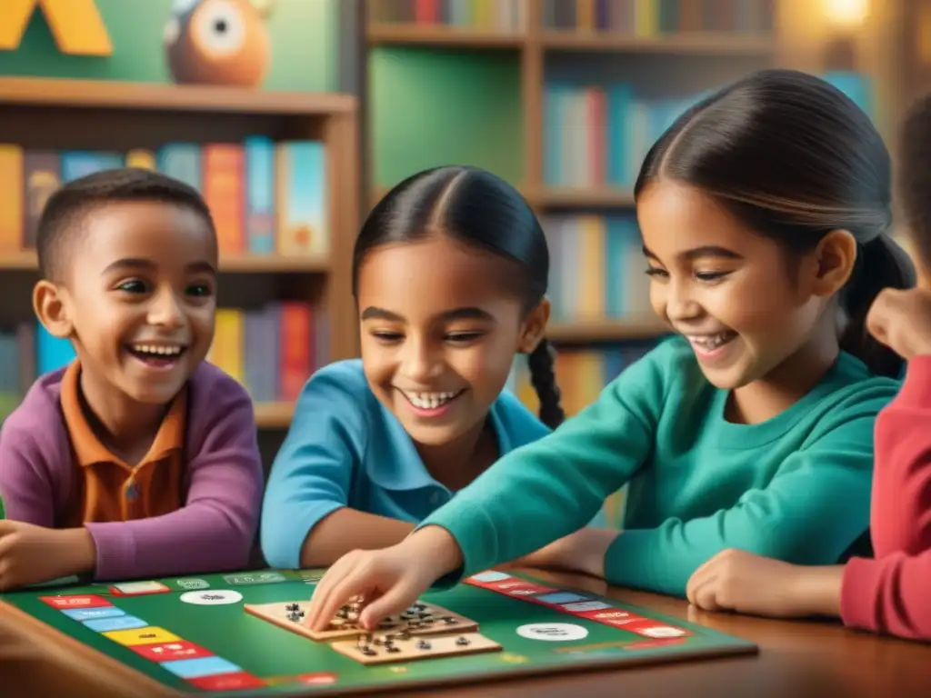 Grupo de niños disfrutando y aprendiendo con un juego de mesa educativo, en un aula acogedora