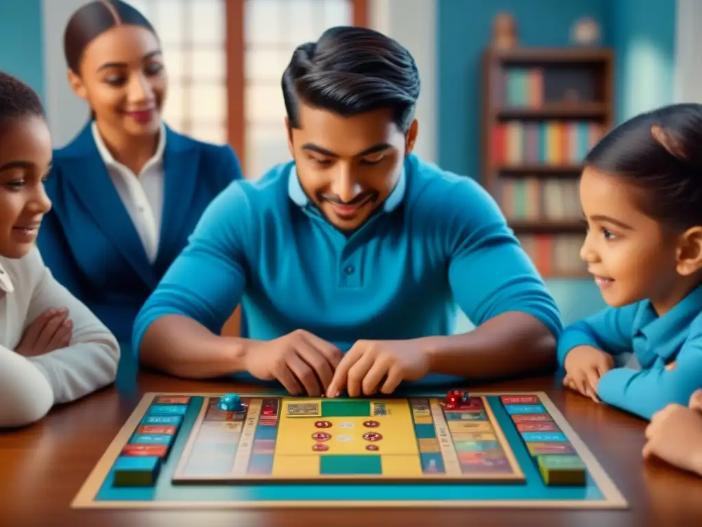 Grupo de niños diversos disfrutando un juego de mesa, fomentando el desarrollo de la inteligencia emocional