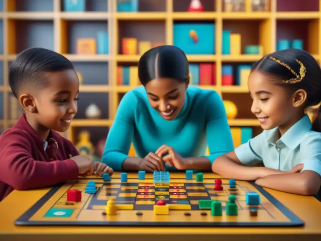 Un grupo de niños diversos disfrutando de un juego de mesa educativo colorido y detallado, concentrados y felices