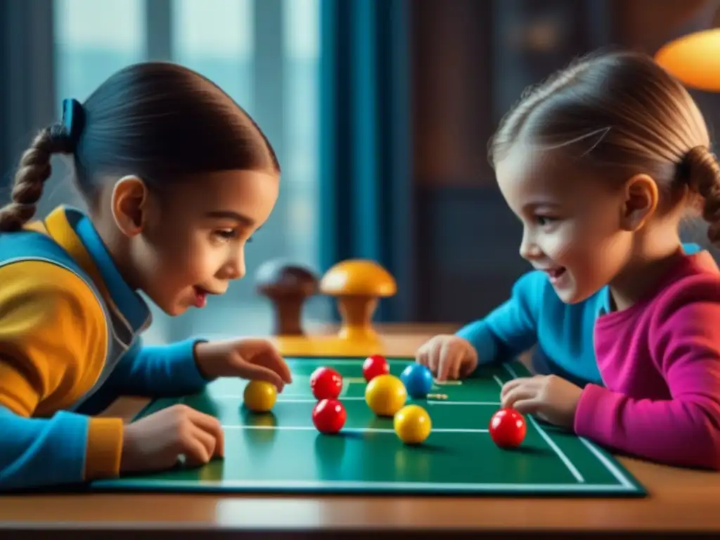 Grupo de niños disfrutando de un juego de mesa infantil con elementos de diseño coloridos y educativos, expresando alegría y concentración