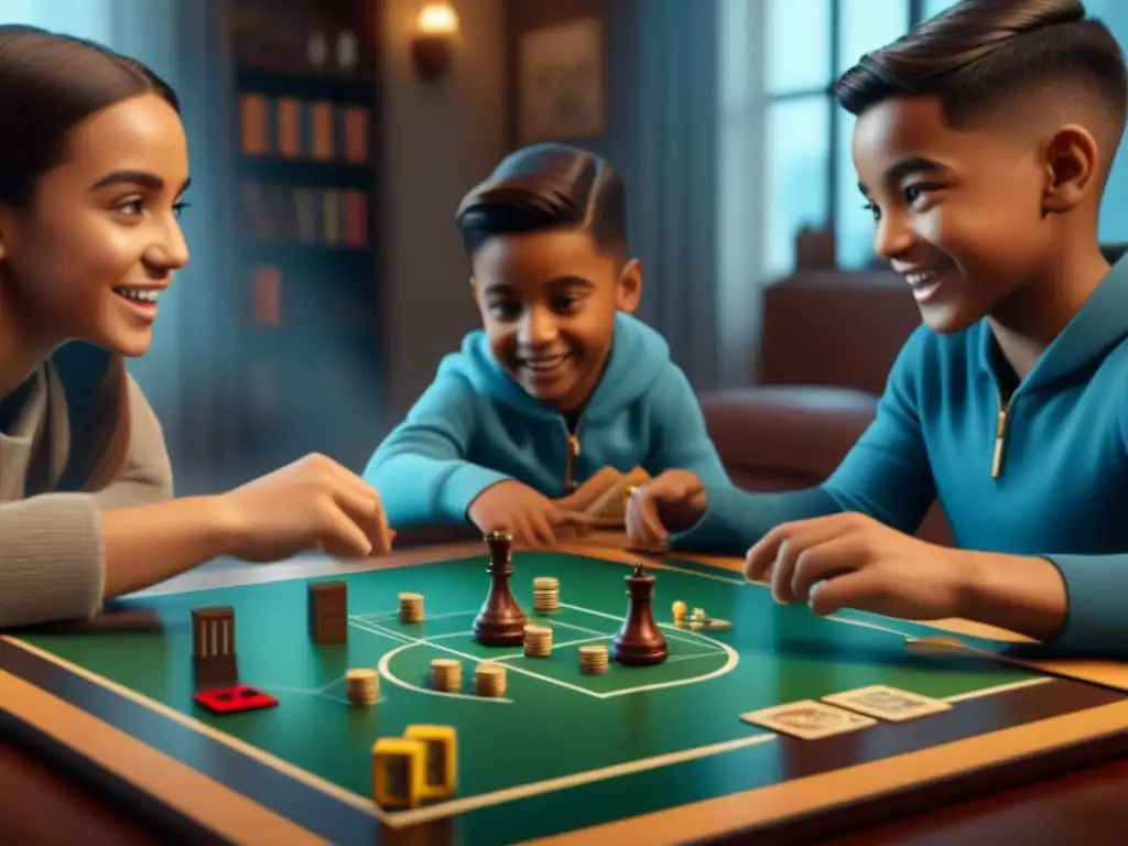 Grupo de niños disfrutando de un juego de mesa con elementos de realidad aumentada, en una sala acogedora