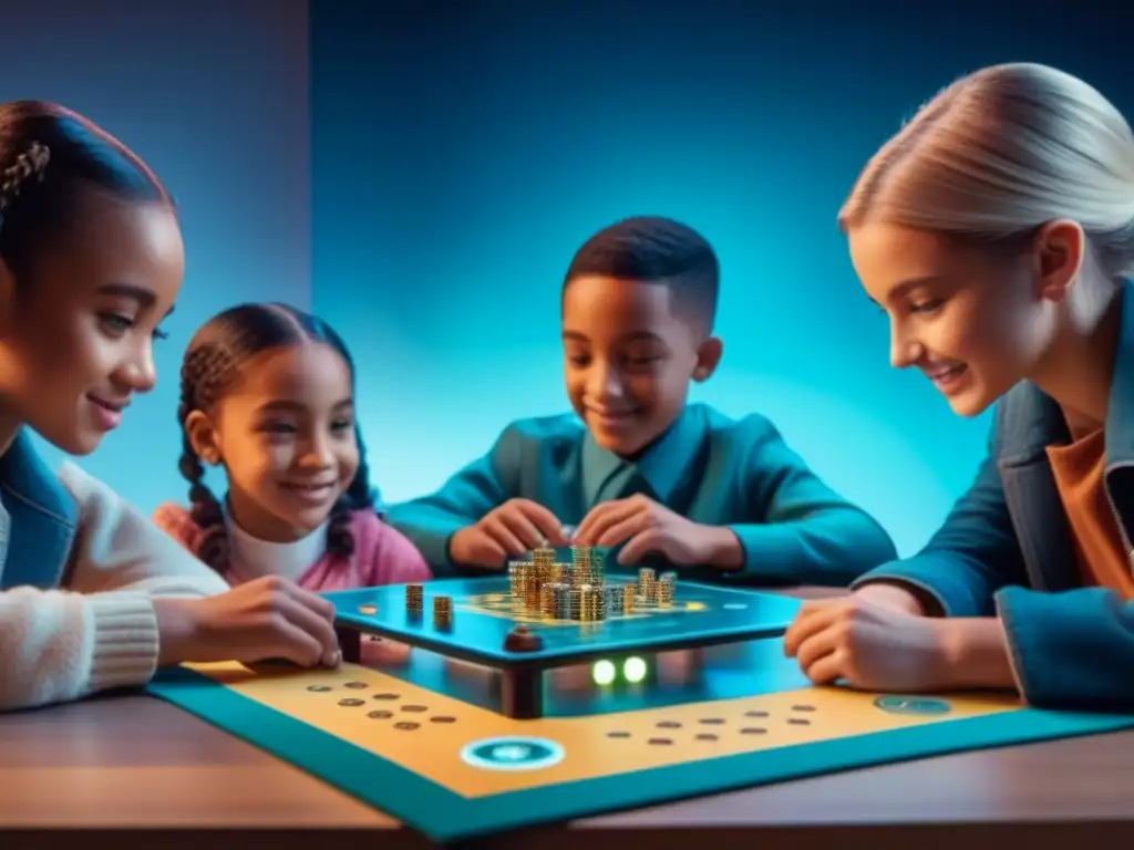 Grupo de niños diversos disfrutando de un juego de mesa con realidad aumentada, creando una experiencia educativa y futurista