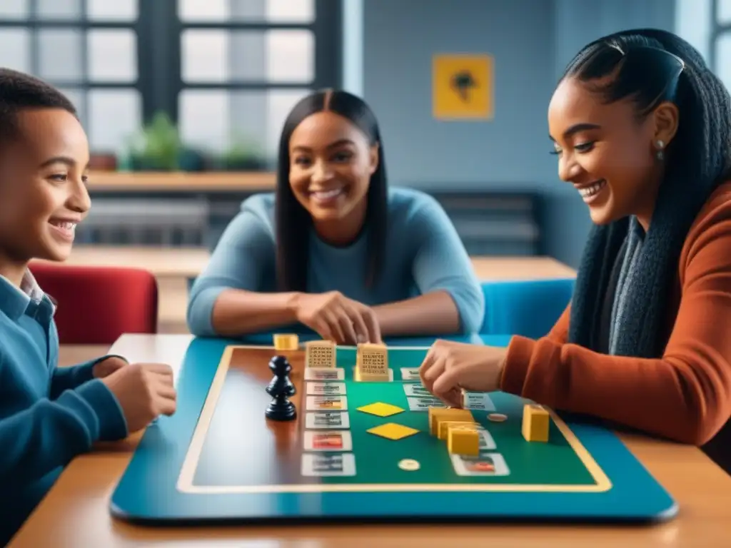 Un grupo de niños diversos juega un juego de mesa educativo en un aula iluminada, promoviendo la inclusión y la diversidad