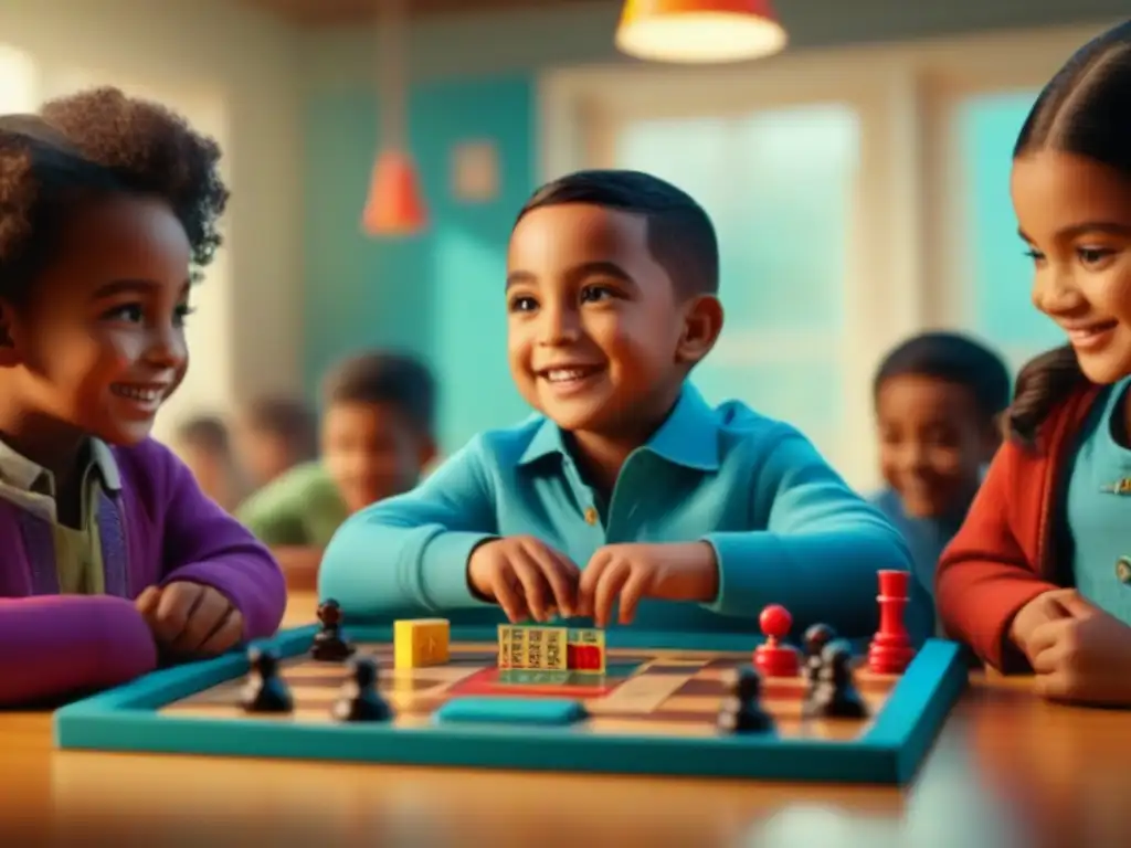 Grupo de niños diversos disfrutando de juegos educativos en un alegre salón de clases