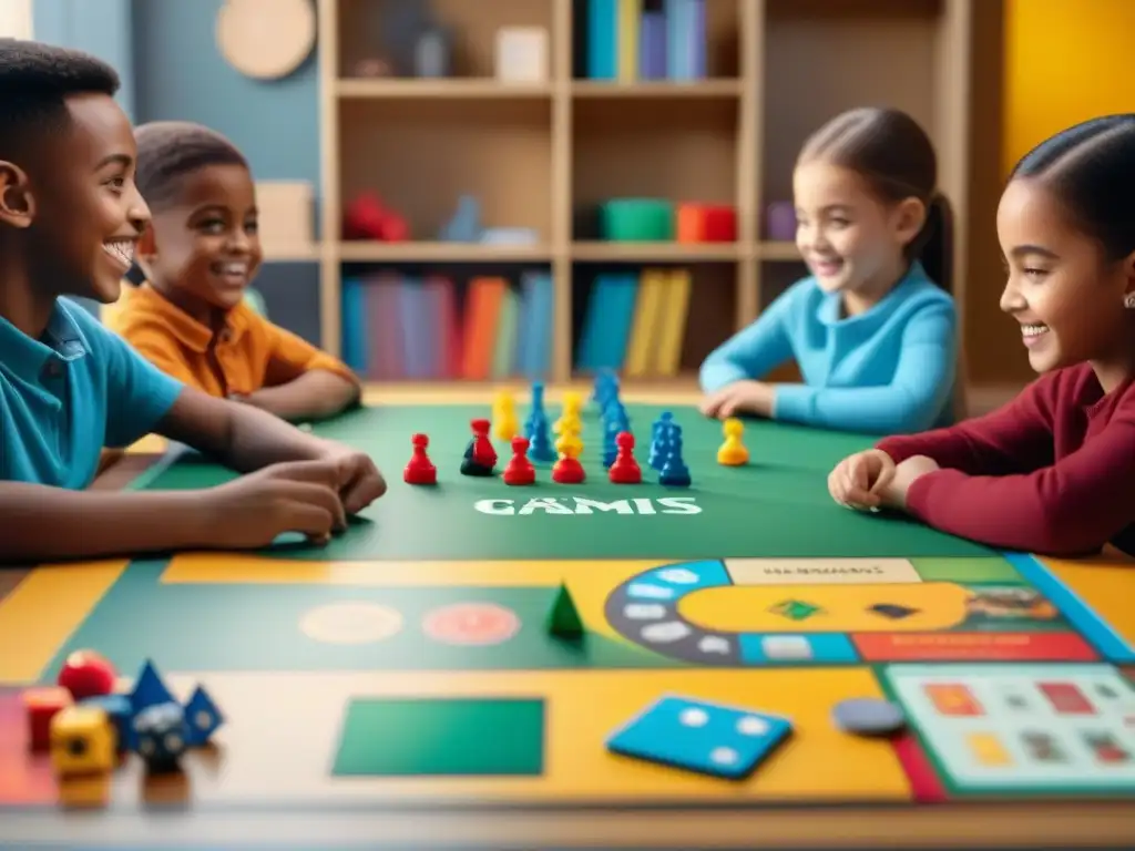 Un grupo de niños diversos crea juegos de mesa infantiles en una alegre y colorida aula