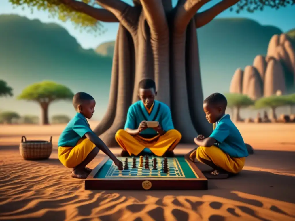 Un grupo de niños juega a juegos de mesa tradicionales en África bajo un baobab, lleno de colores vibrantes y patrones intrincados