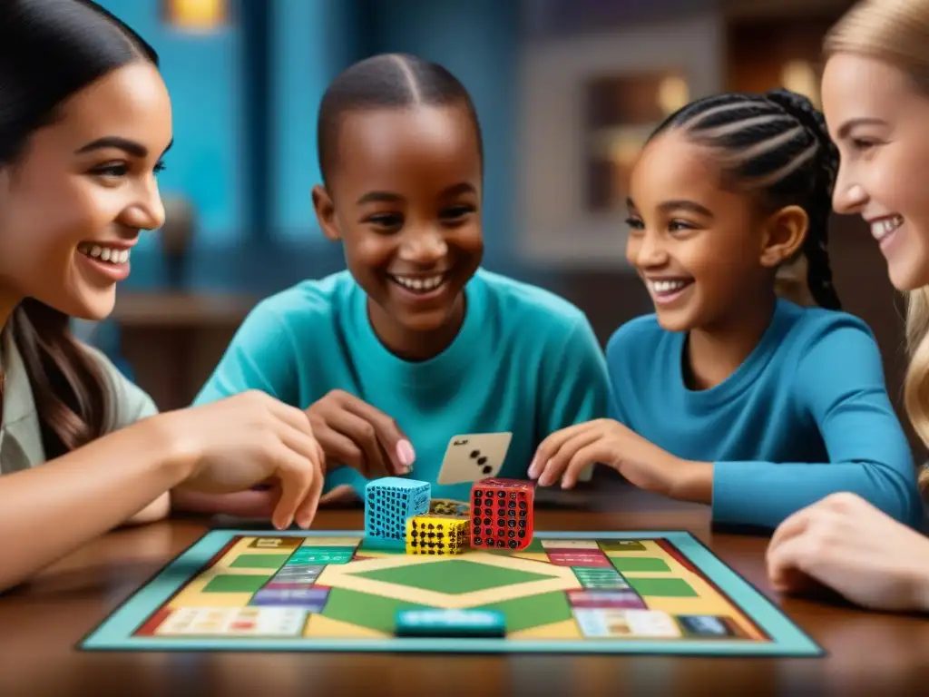 Un grupo de niños diversos disfrutando de juegos de mesa coloridos en un kit de inicio, mostrando diversión y aprendizaje