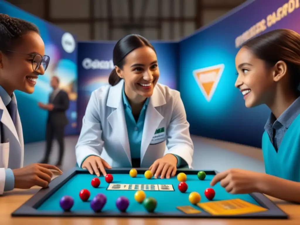 Grupo de niños disfrutando de juegos de mesa para ciencias en feria educativa vibrante