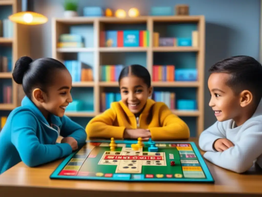 Un grupo de niños diversos juega juegos de mesa, mostrando emoción y aprendizaje en un ambiente colorido